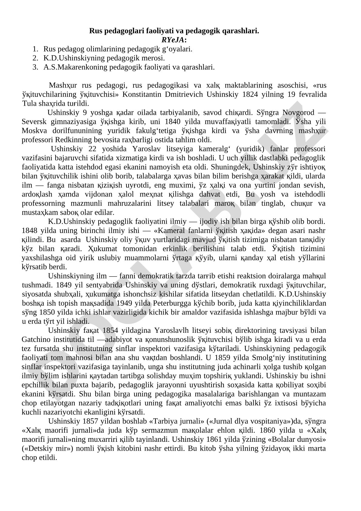 Rus pedagoglari faoliyati va pedagogik qarashlari