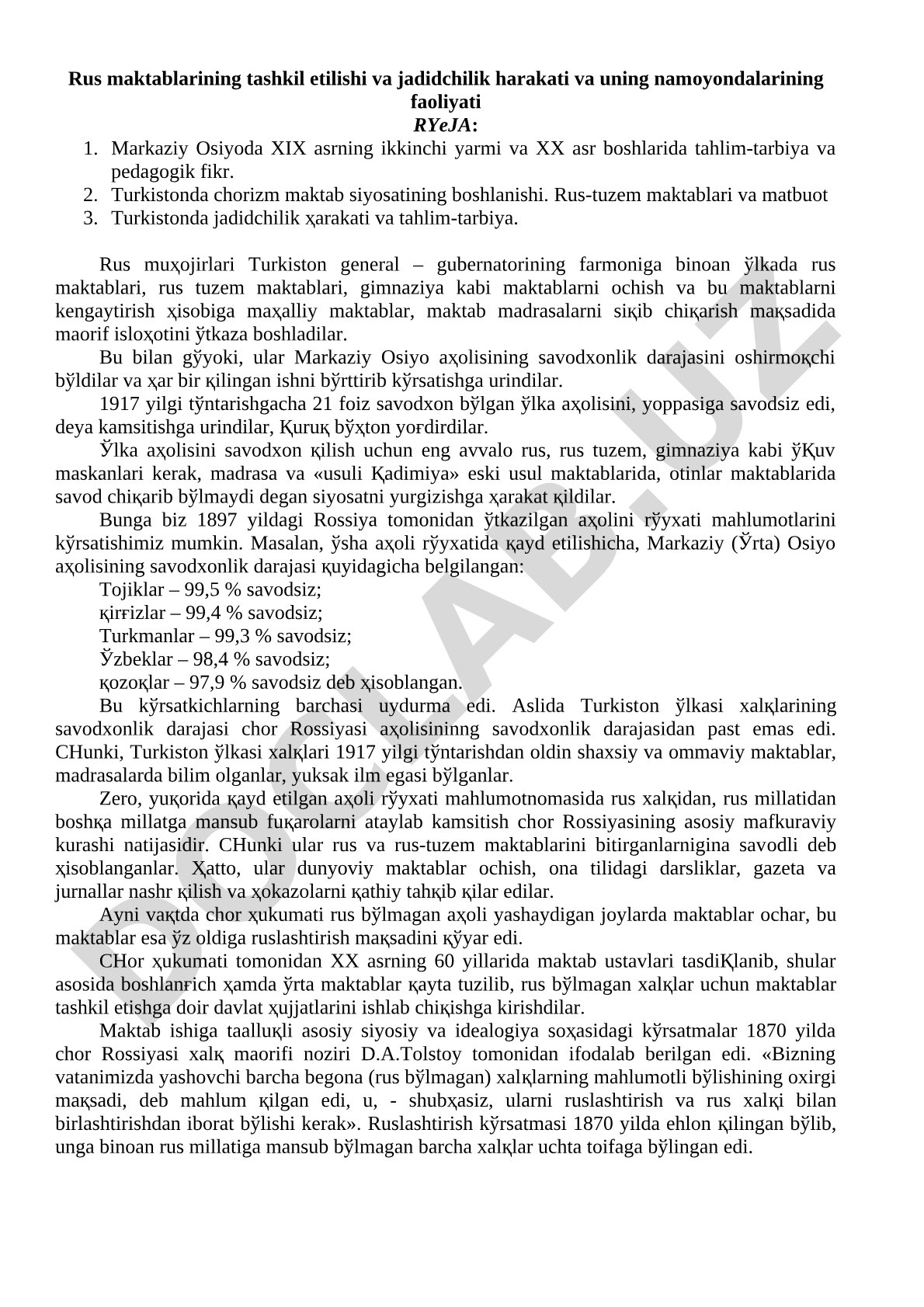 Rus maktablarining tashkil etilishi va jadidchilik harakati
