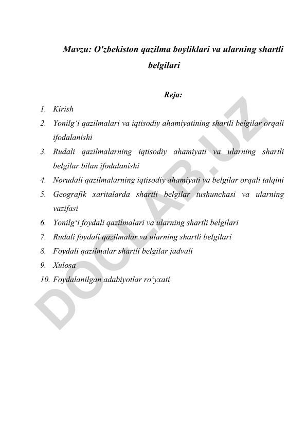 O'zbekiston qazilma boyliklari va ularning shartli belgilari