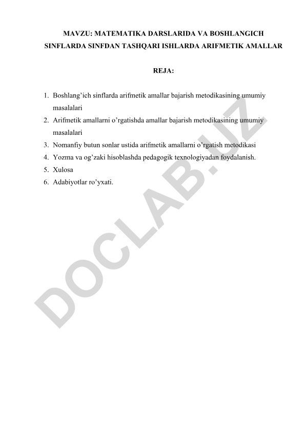 Boshlang'ich sinflarda arifmetik amallar bajarish metodikasi
