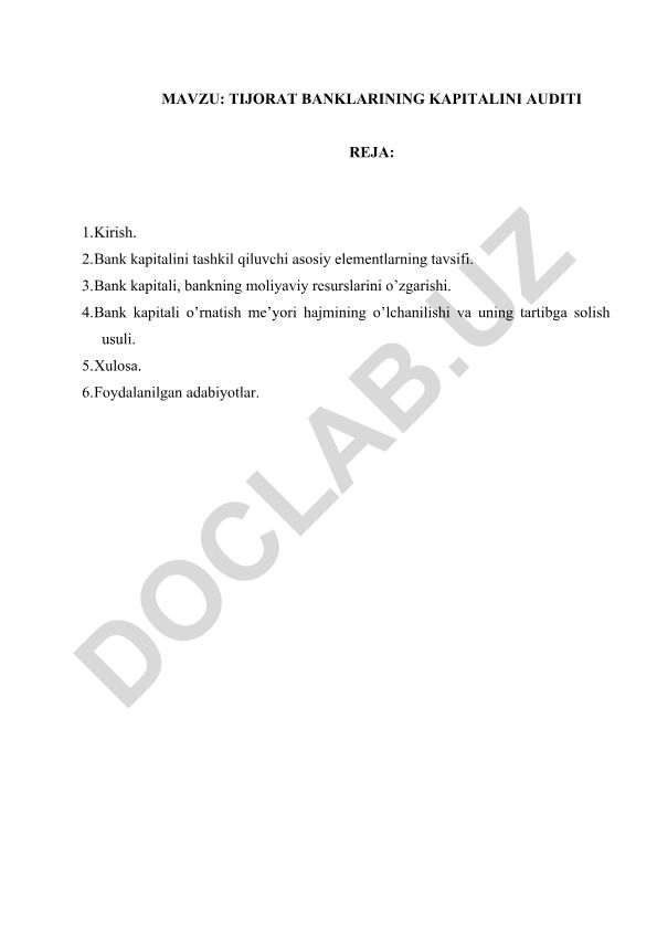 Tijorat banklarining kapitalini audit rejasi