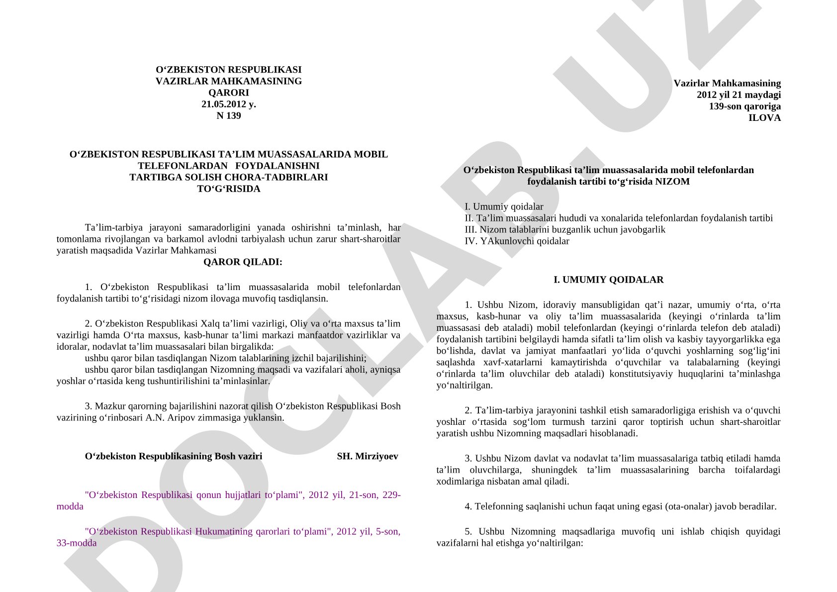 O‘zbekiston Respublikasi ta’lim muassasalarida mobil telefonlardan foydalanishni tartibga solish chora-tadbirlari to‘g‘risida