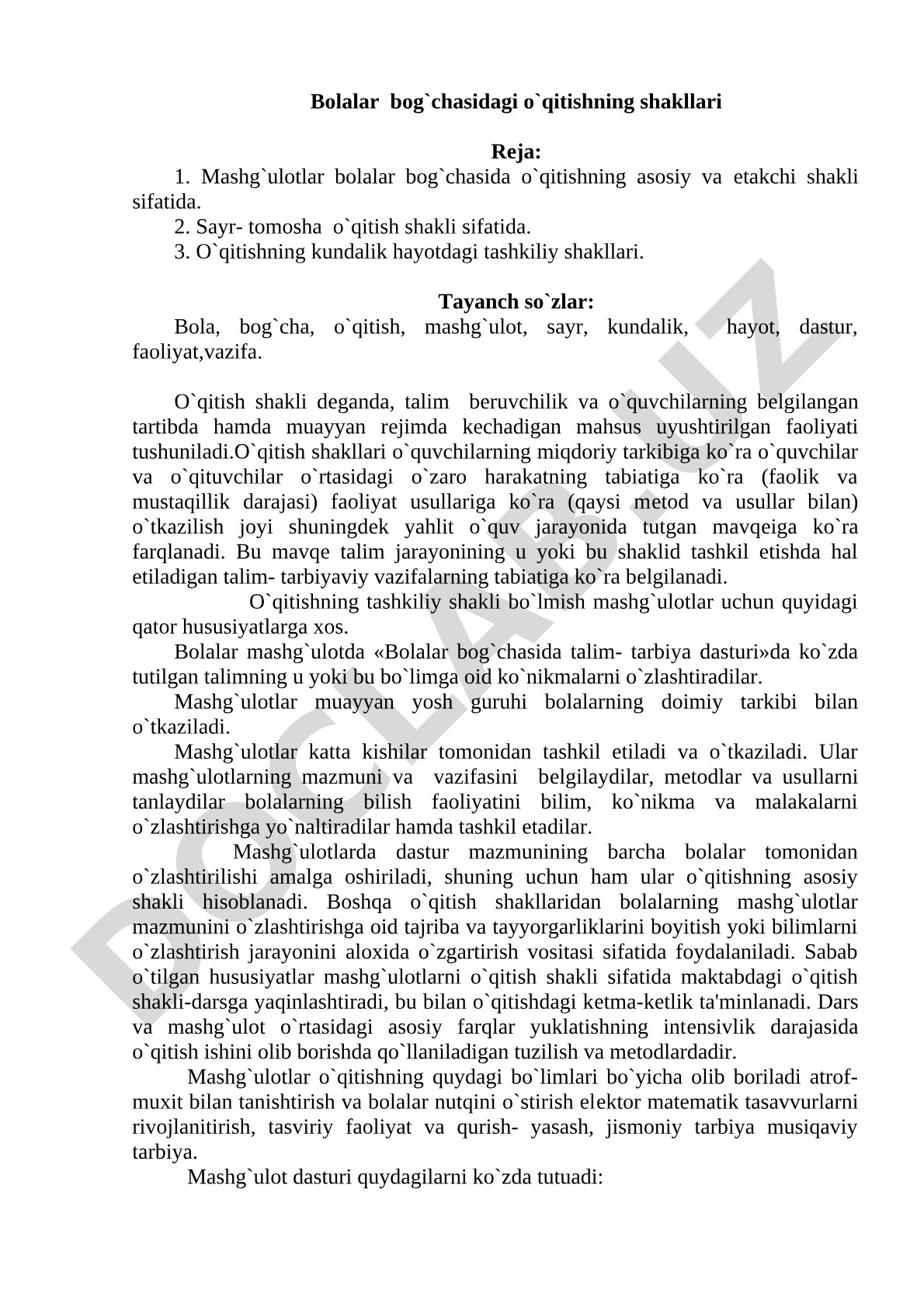 Bolalar bog'chasida o'qitishning shakllari