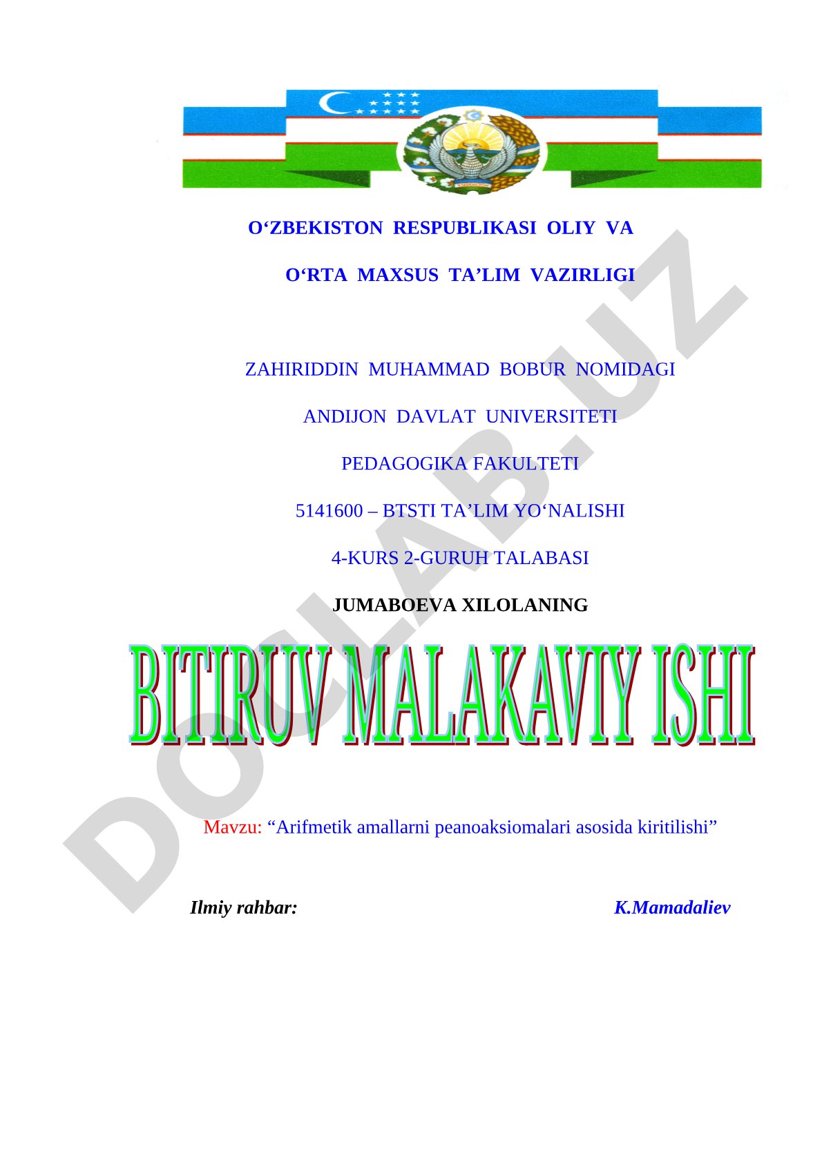 Arifmetik amallarni peano aksiomalari asosida kiritilishi