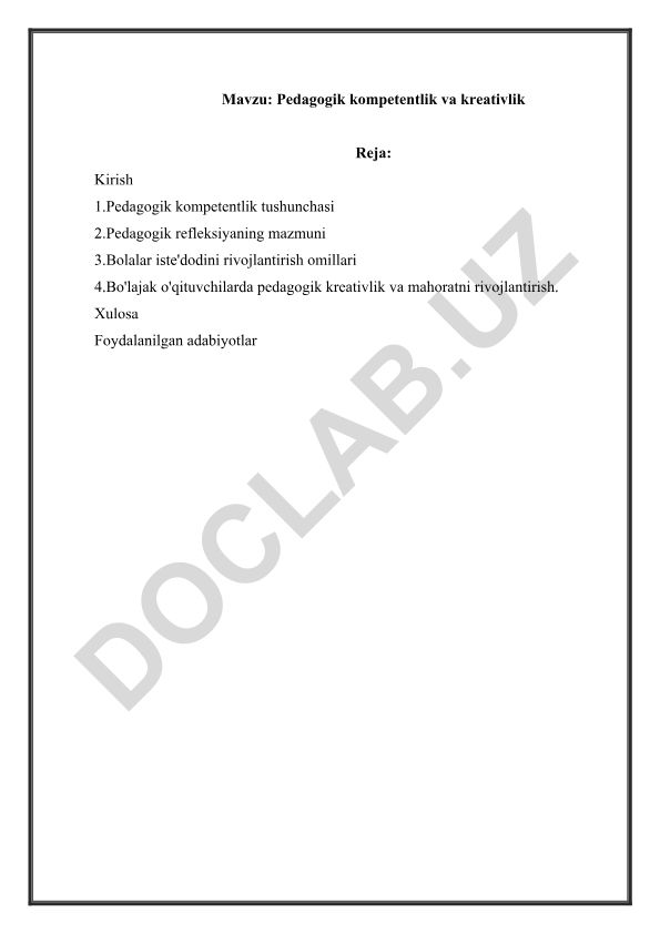 Pedagogik kompetentlik va kreativlik