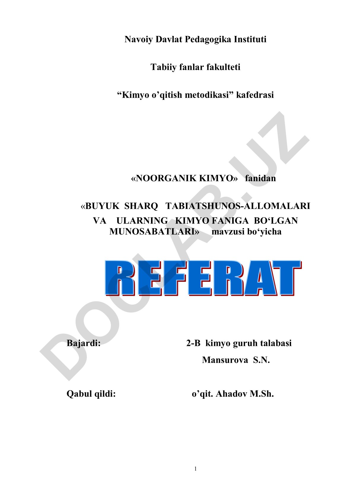 Buyuk Sharq tabiatshunos-allomalari va ularning kimyo faniga bo'lgan munosabatlari
