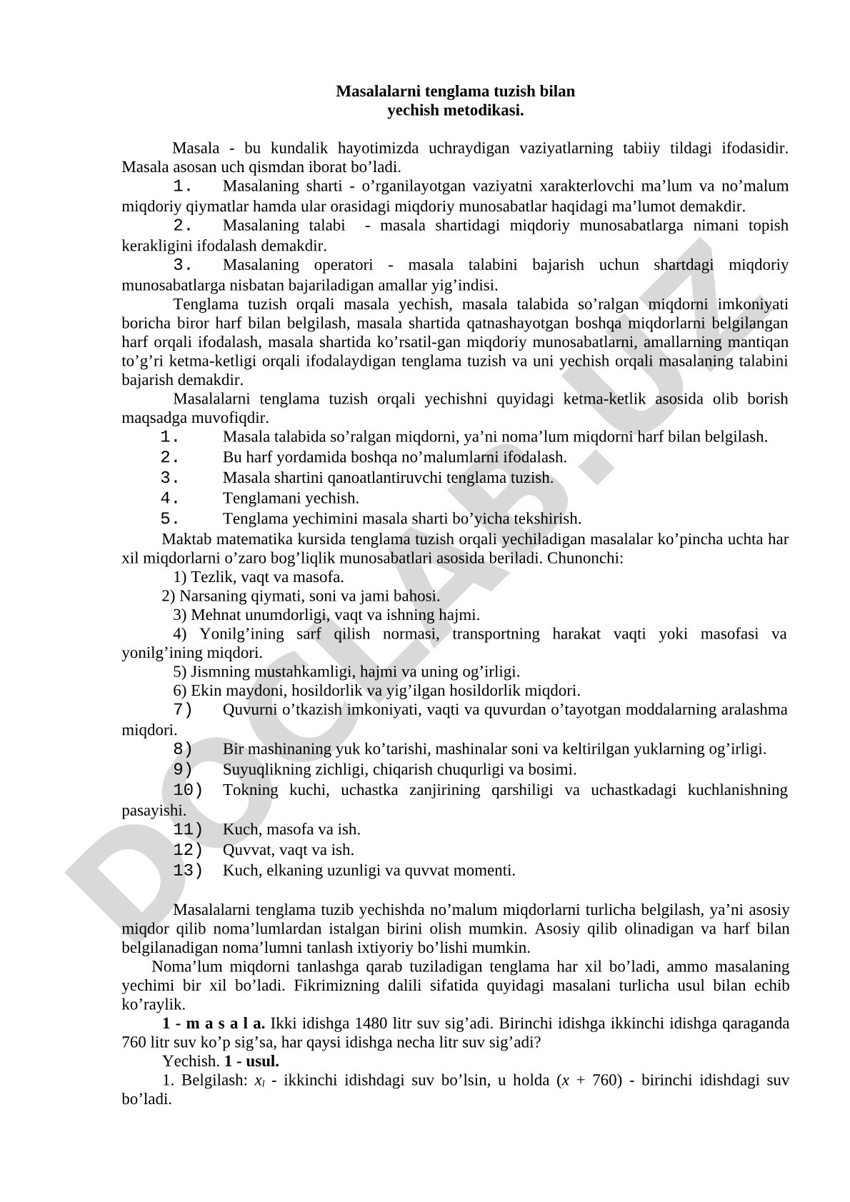 Masalalarni tenglama tuzish bilan yechish metodikasi
