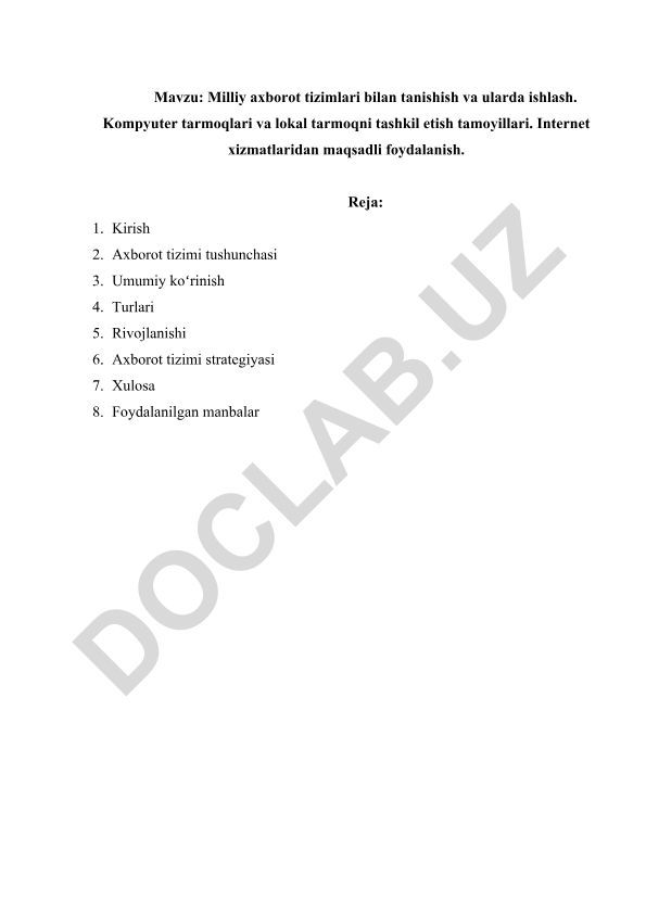 Milliy axborot tizimlari bilan tanishish va ularda ishlash