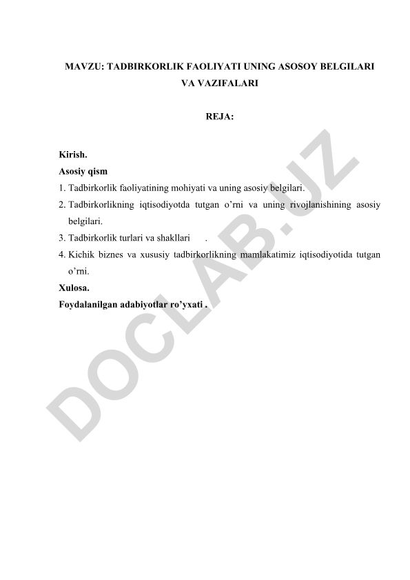 Tadbirkorlik faoliyati uning asosiy belgilari va vazifalari
