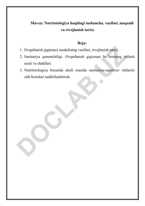 Nutritsiologiya haqidagi tushuncha, vazifasi, maqsadi va rivojlanish tarixi