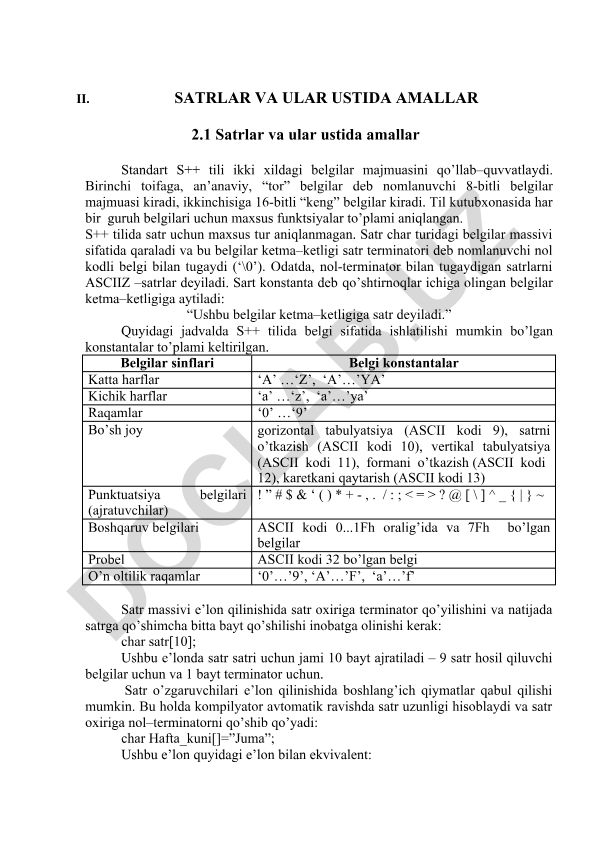 S++ tilida satrlar va ular ustida amallar