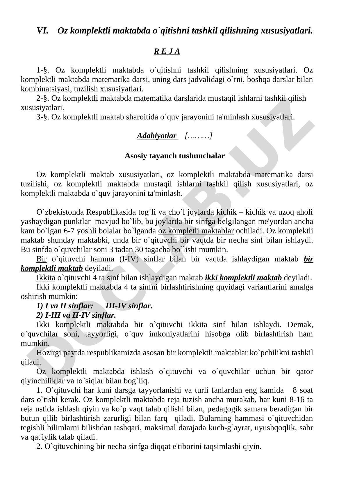Oz komplektli maktabda o'qitishni tashkil qilishning xususiyatlari