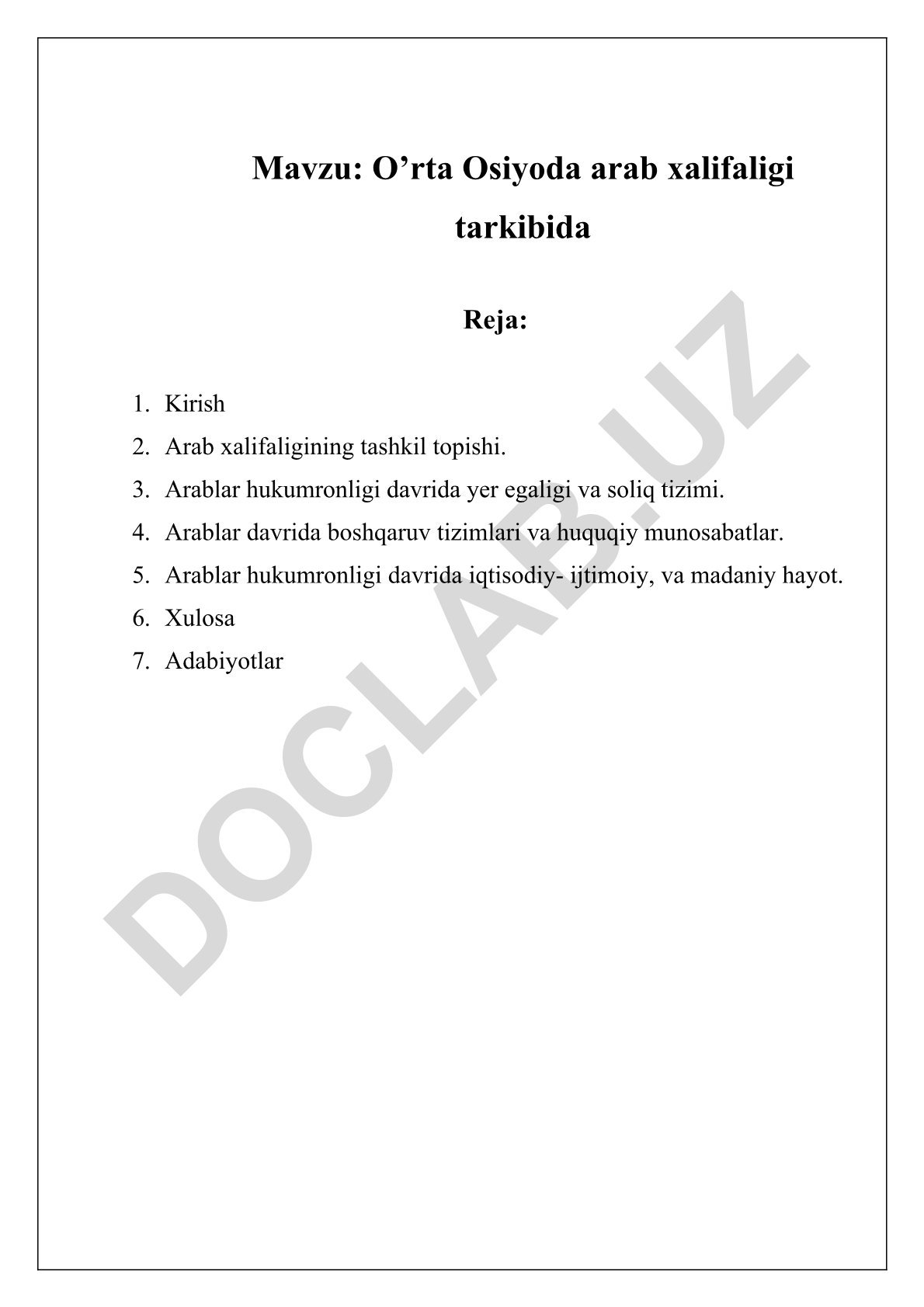 O’rta Osiyoda arab xalifaligi tarkibida