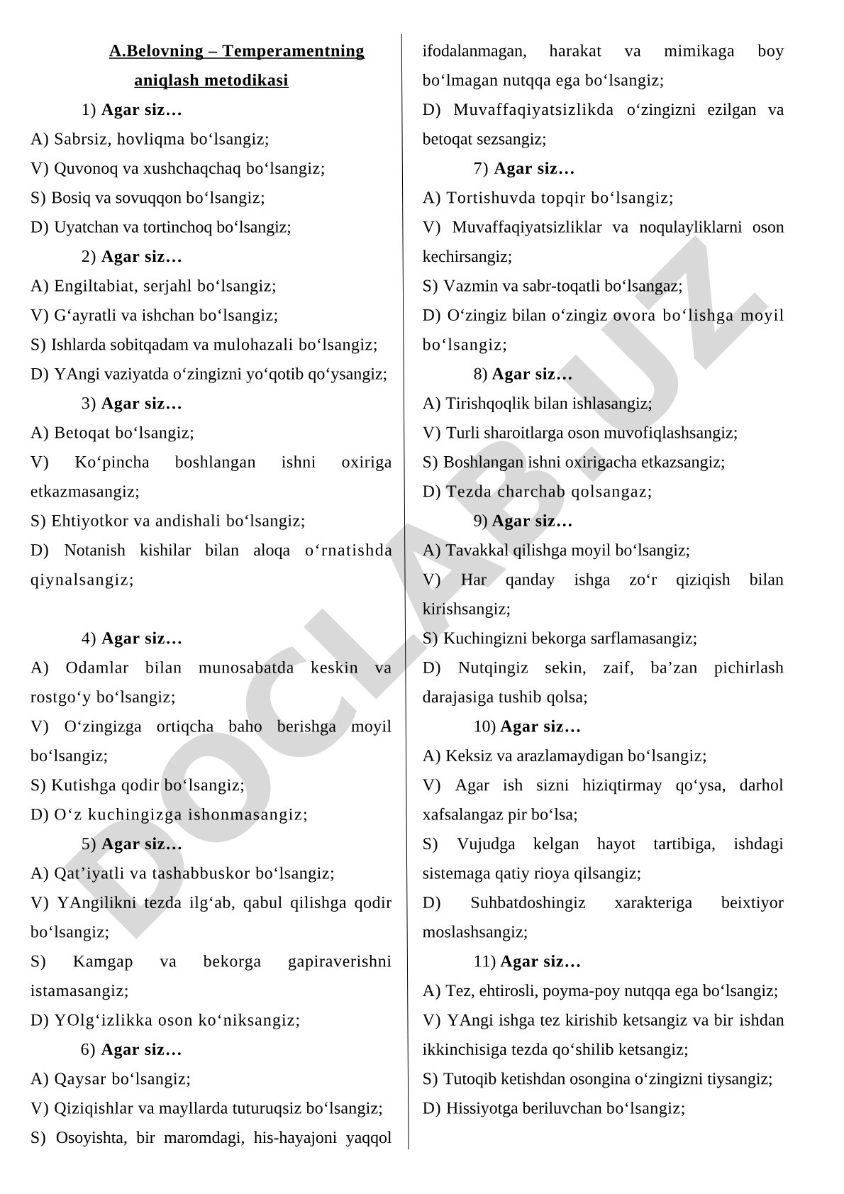 A.Belovning – Temperamentni aniqlash metodikasi