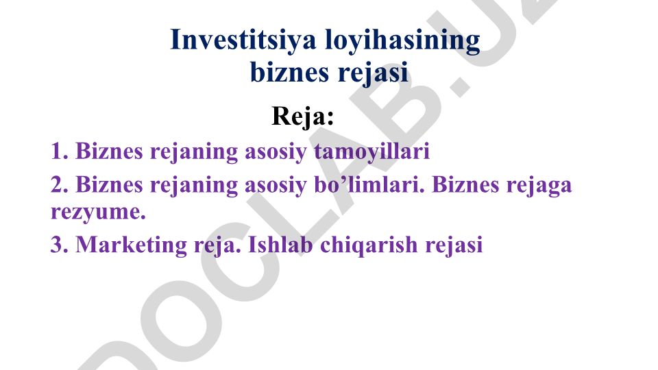 Investitsiya loyihasining biznes rejasi
