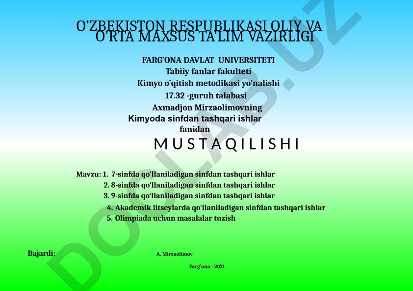 7-9-sinflarda kimyodan sinfdan tashqari ishlar