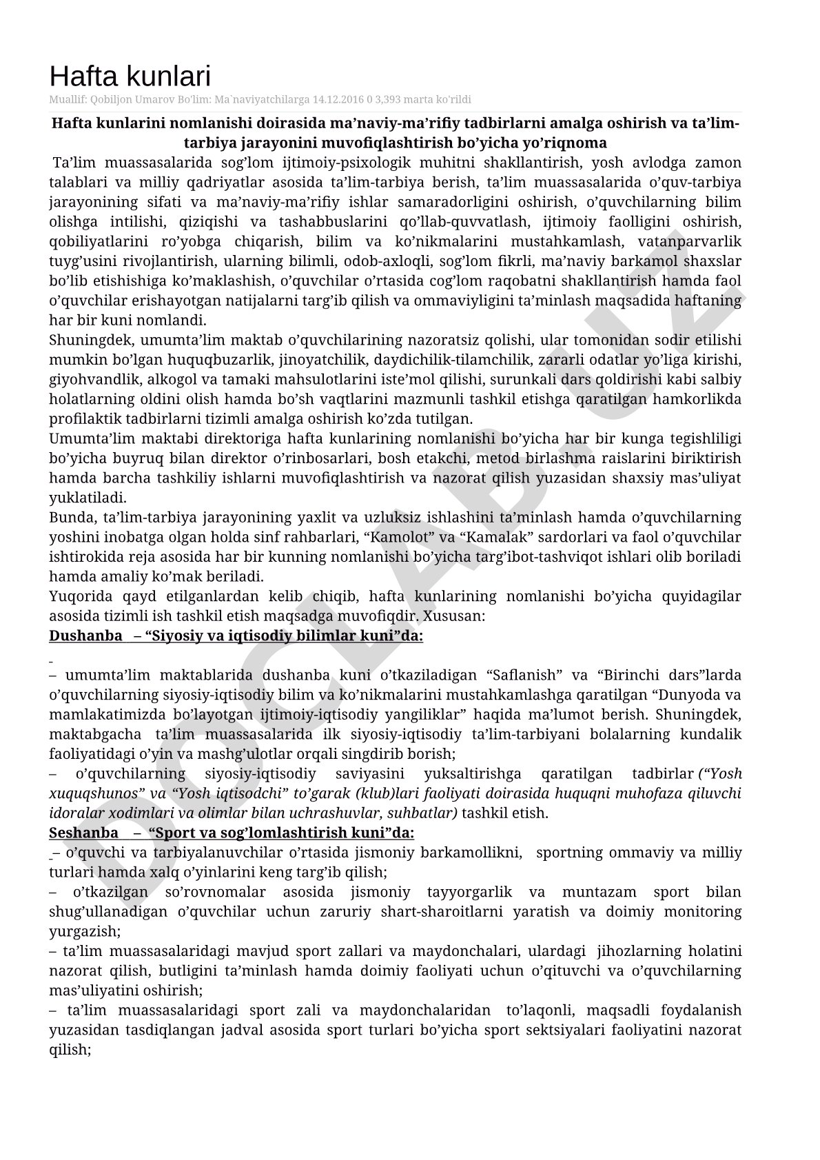 Hafta kunlarini nomlanishi bo'yicha yo'riqnoma