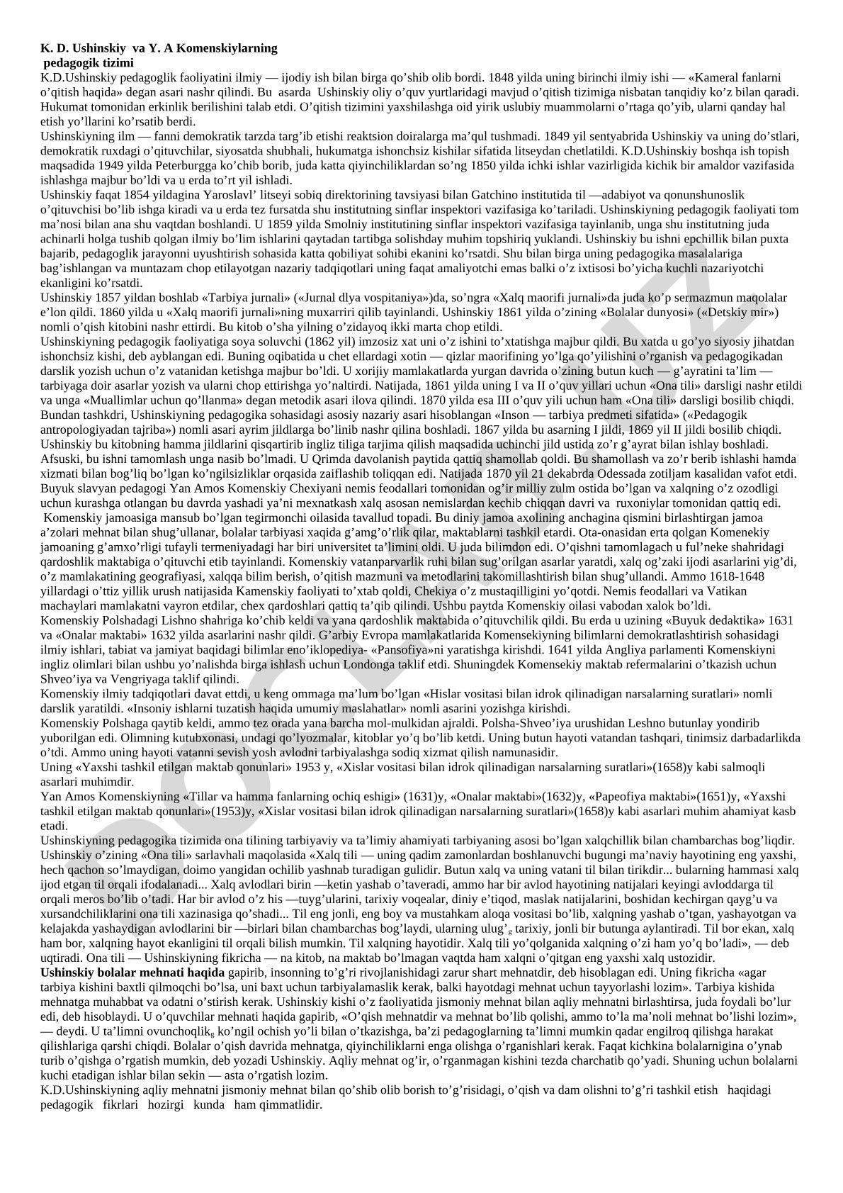 K.D. Ushinskiy va Y.A. Komenskiylarning pedagogik tizimi
