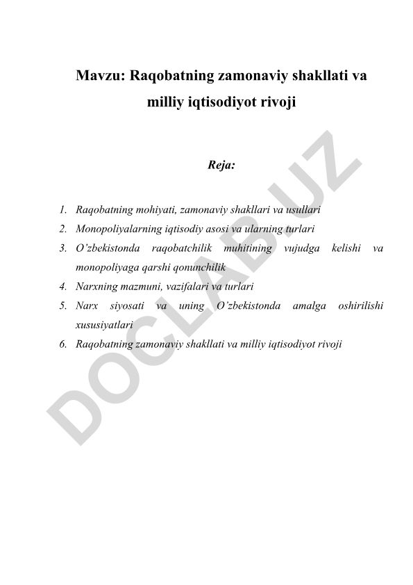 Raqobatning zamonaviy shakllati va milliy iqtisodiyot rivoji