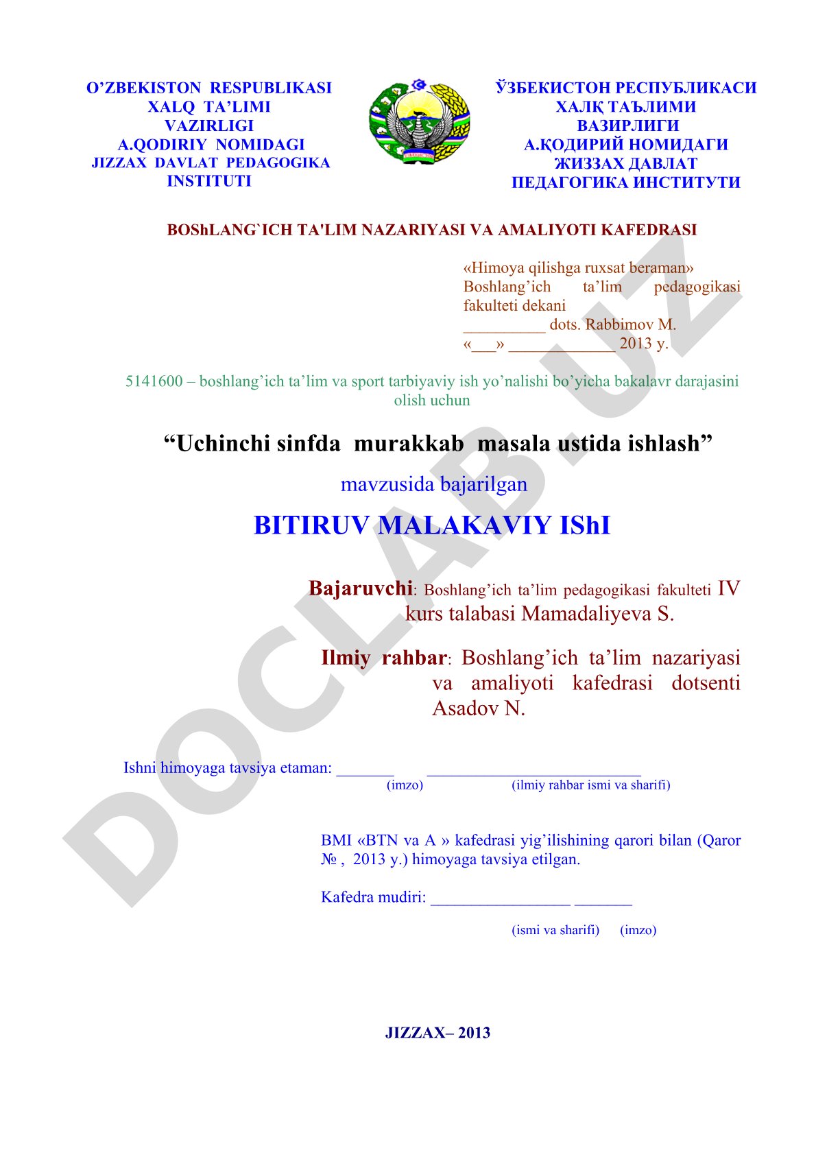 Uchinchi sinfda murakkab masala ustida ishlash