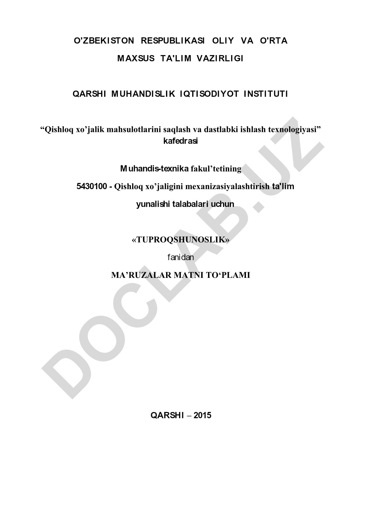 Tuproqshunoslik fanidan ma'ruzalar matni to'plami