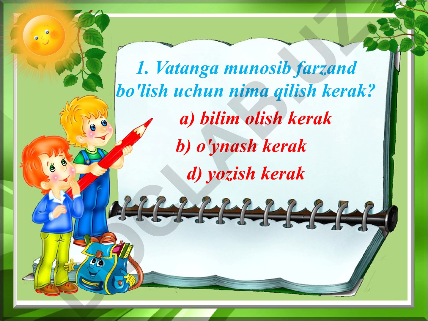 Boshlang'ich sinf uchun umumiy bilim test savollari