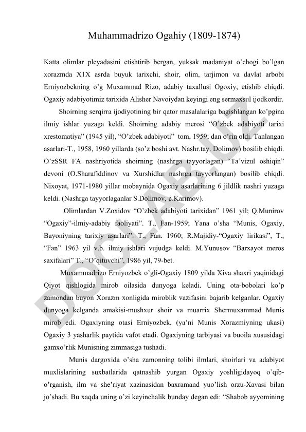 Muhammadrizo Ogahiyning hayoti va ijodiy merosi