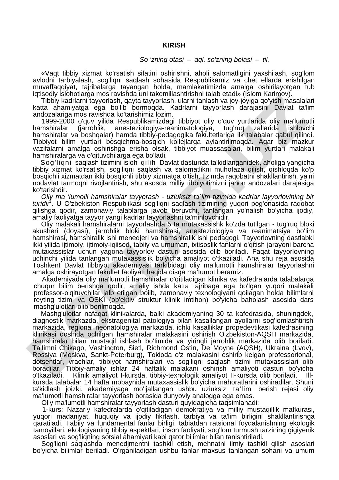 Tibbiy kadrlarni tayyorlash va sog'liqni saqlash tizimini isloh qilish