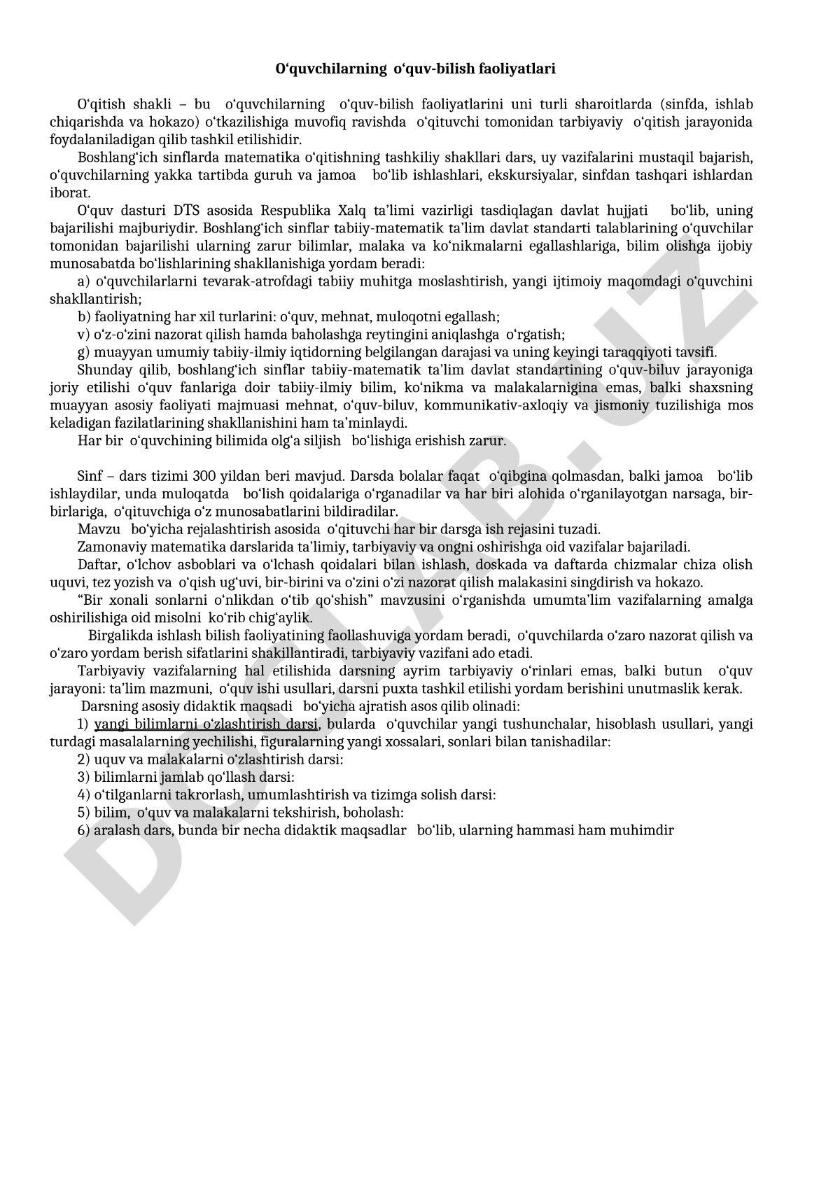 Boshlang'ich sinflarda matematika o'qitishning tashkiliy shakllari