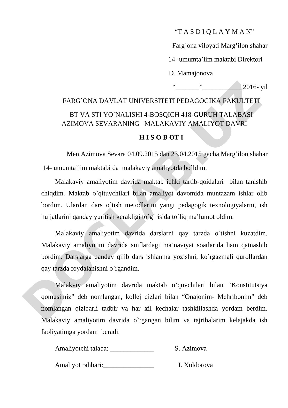 Malakaviy amaliyot hisoboti