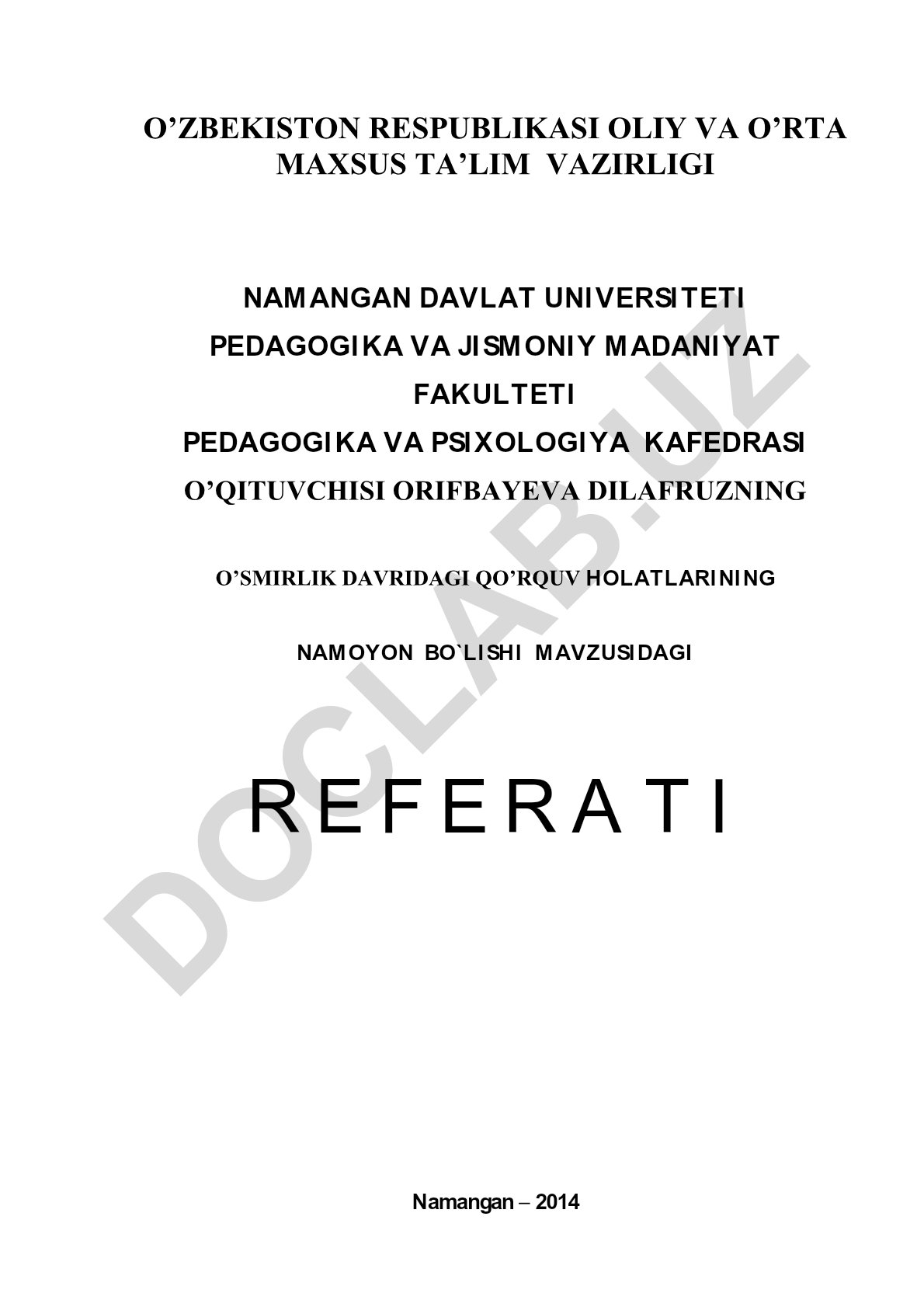 O'smirlik davridagi qo'rquv holatlarining namoyon bo'lishi