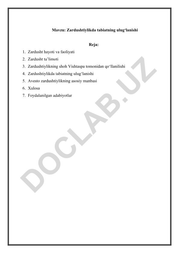 Zardushtiylikda tabiatning ulugʻlanishi