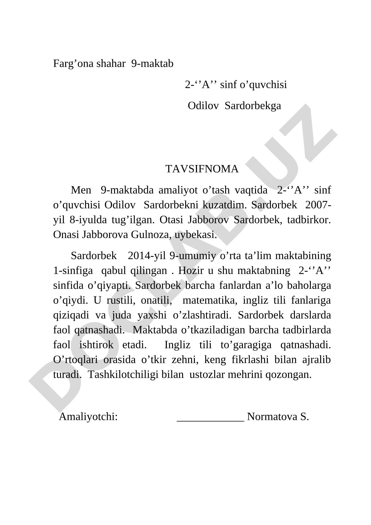 Odilov Sardorbek va Odiljonov Sanjarga tavsifnoma