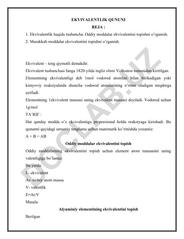 Ekvivalentlik qonuni va moddalar ekvivalentini topish