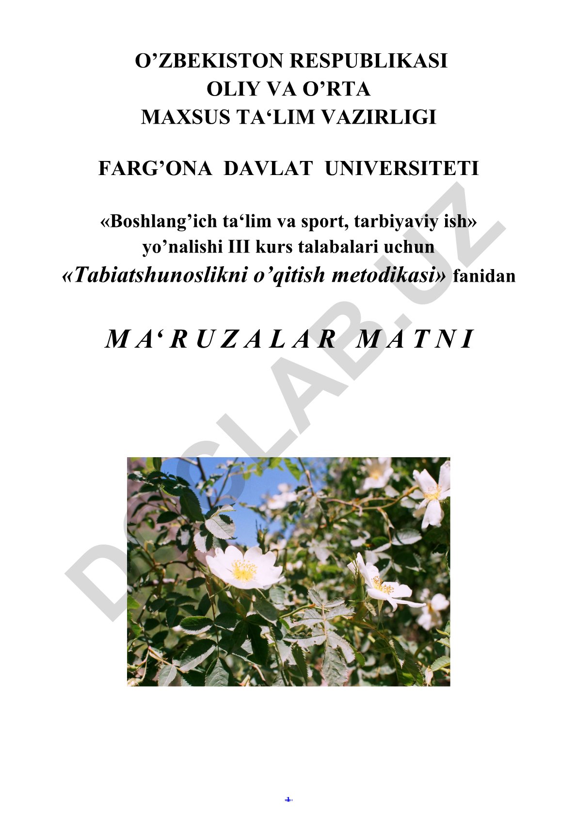 Tabiatshunoslikni o'qitish metodikasi fanidan ma'ruzalar matni