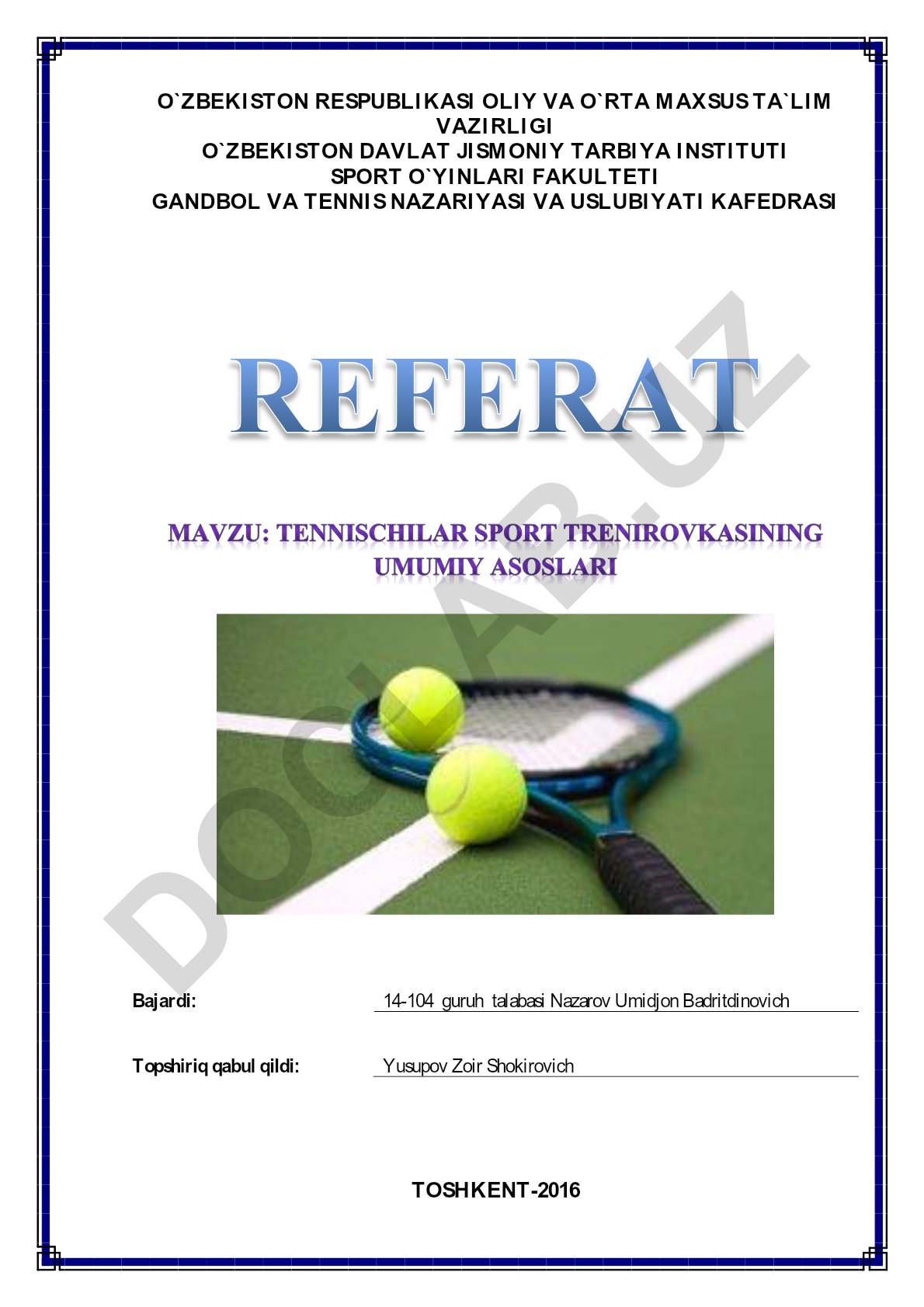 Tennischilar sport trenirovkasining umumiy asoslari