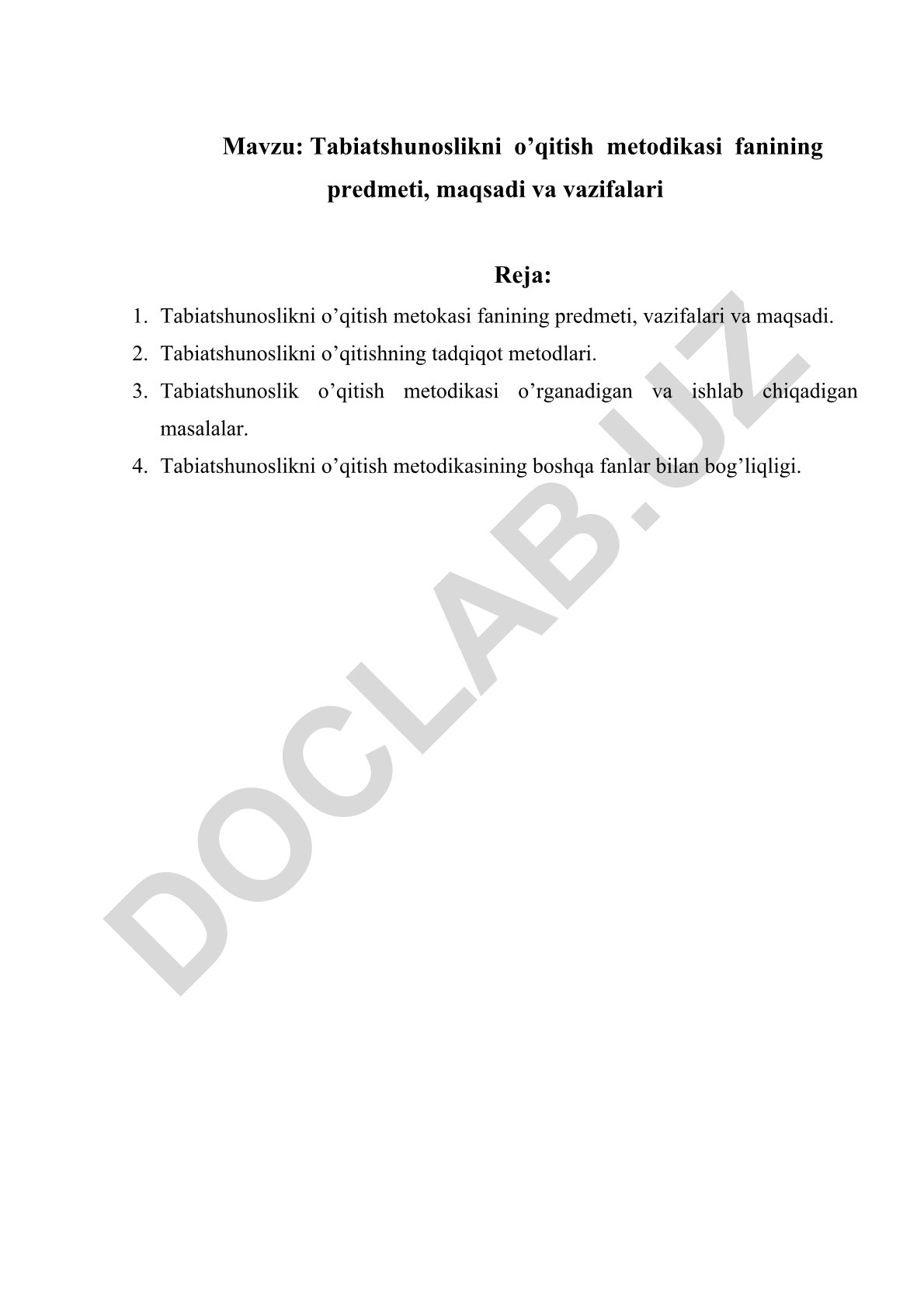 Tabiatshunoslikni o’qitish metodikasi fanining predmeti, maqsadi va vazifalari