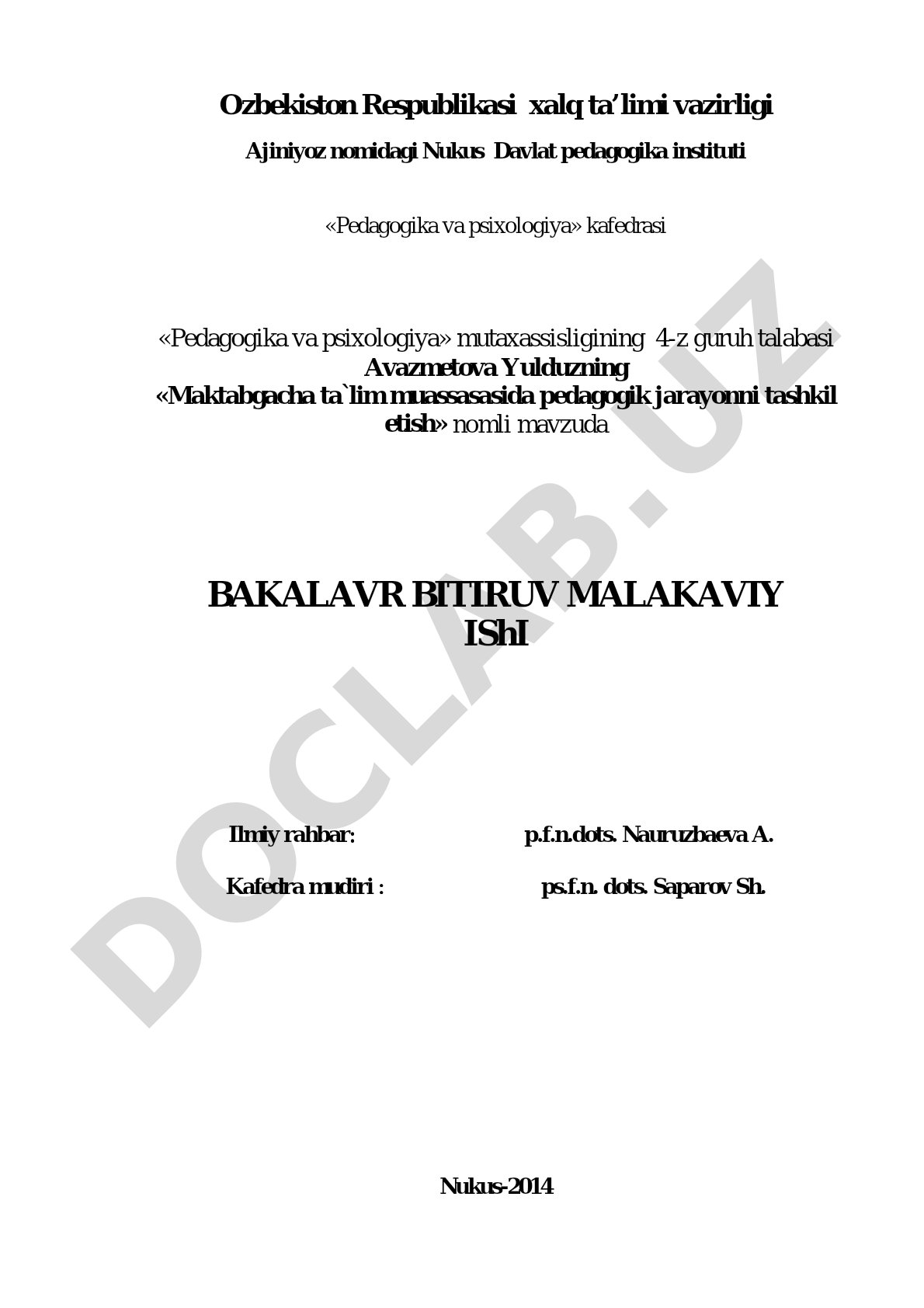 Maktabgacha ta'lim muassasasida pedagogik jarayonni tashkil etish