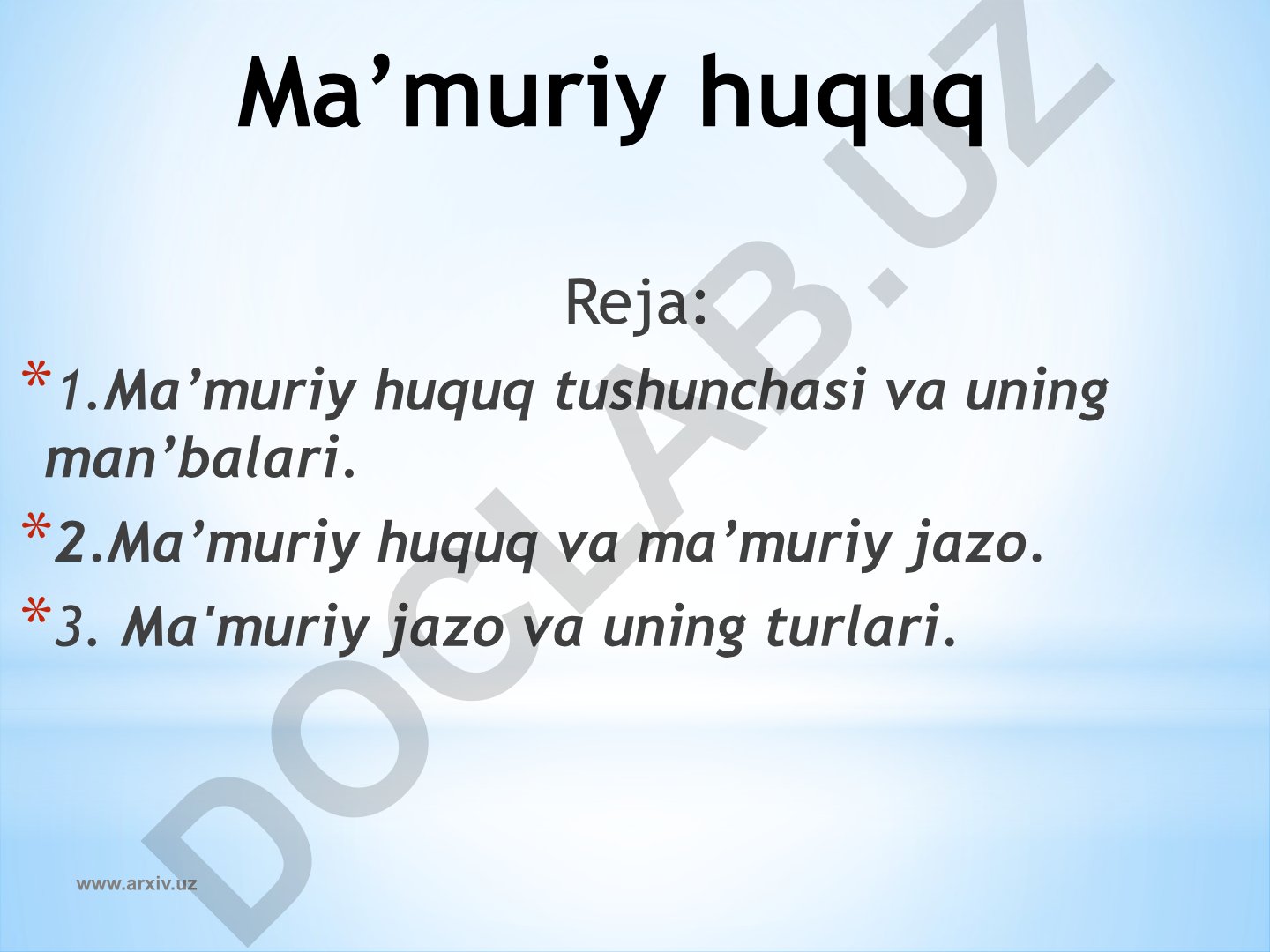Ma'muriy huquq tushunchasi, manbalari va jazo turlari