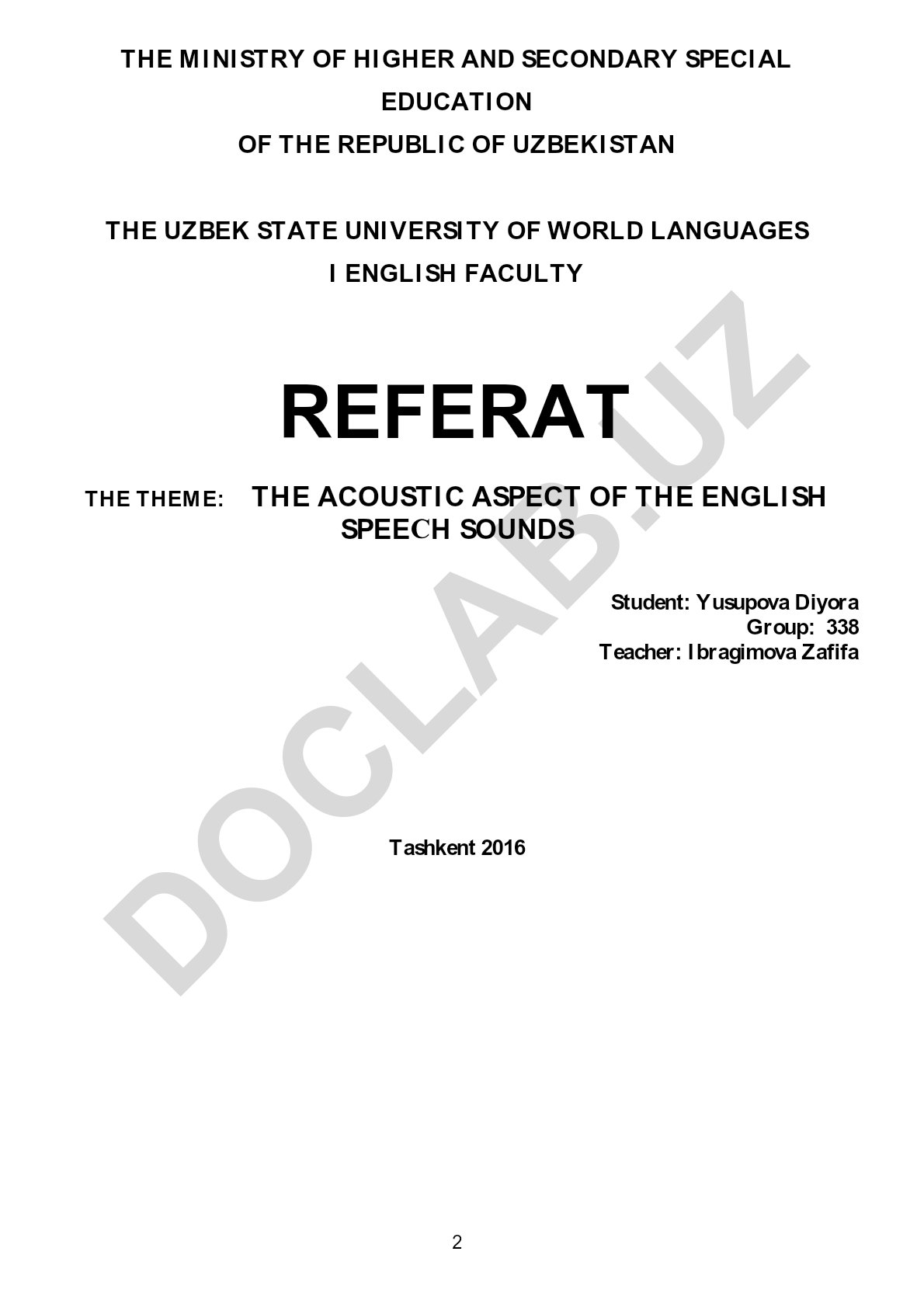 The Acoustic Aspect of the English Speech Sounds