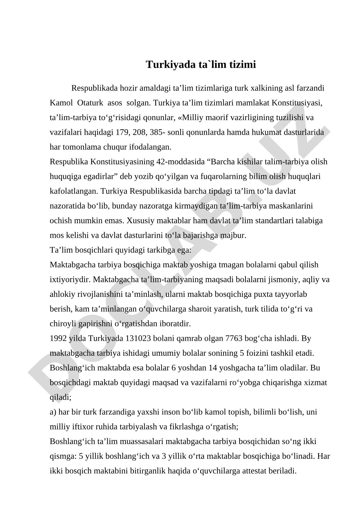Turkiyada ta'lim tizimi va uning asoschisi Kamol Otaturk
