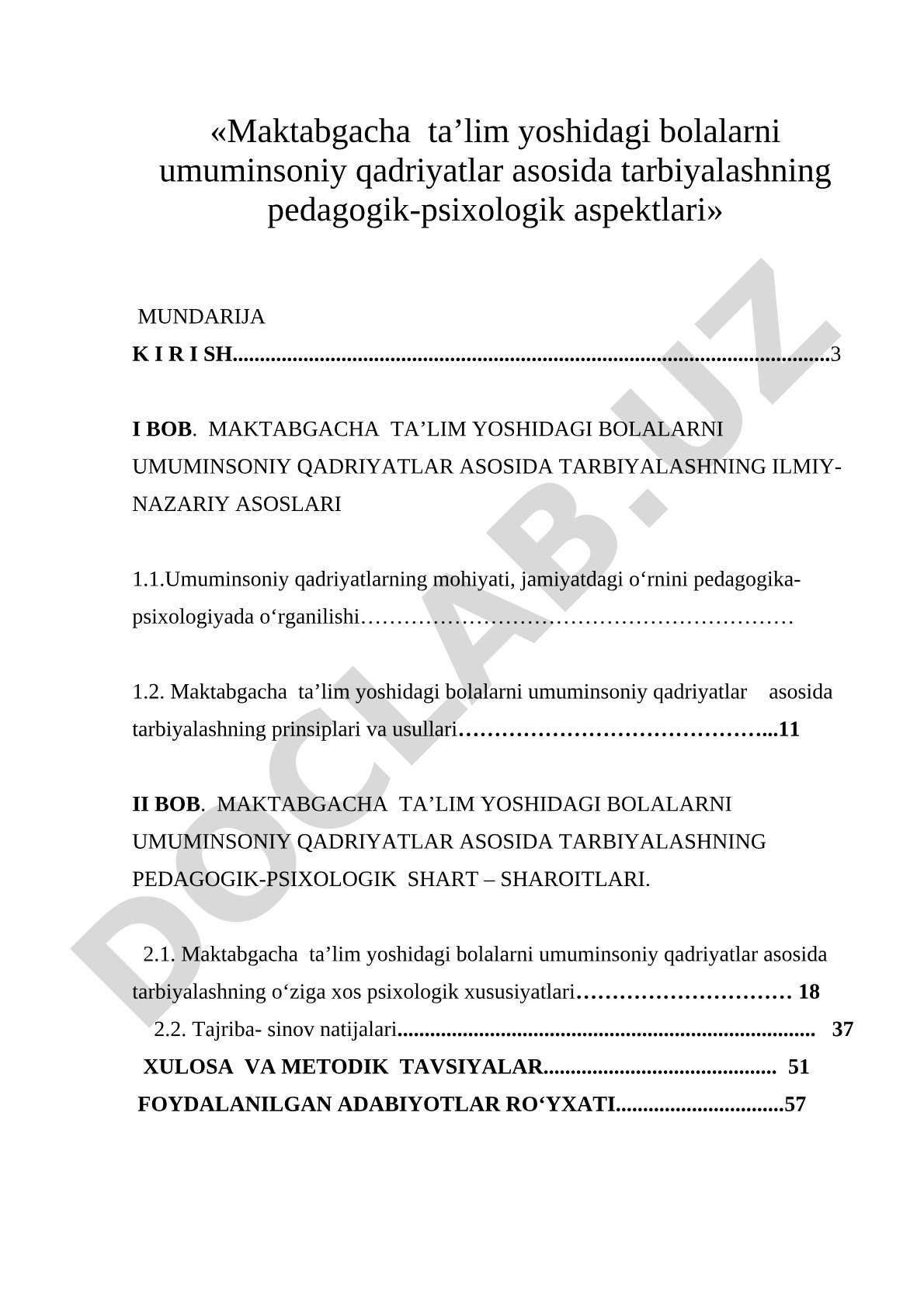 Maktabgacha ta'lim yoshidagi bolalarni umuminsoniy qadriyatlar asosida tarbiyalashning pedagogik-psixologik aspektlari
