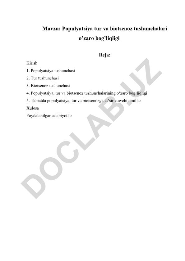 Populyatsiya tur va biotsenoz tushunchalari o’zaro bog’liqligi