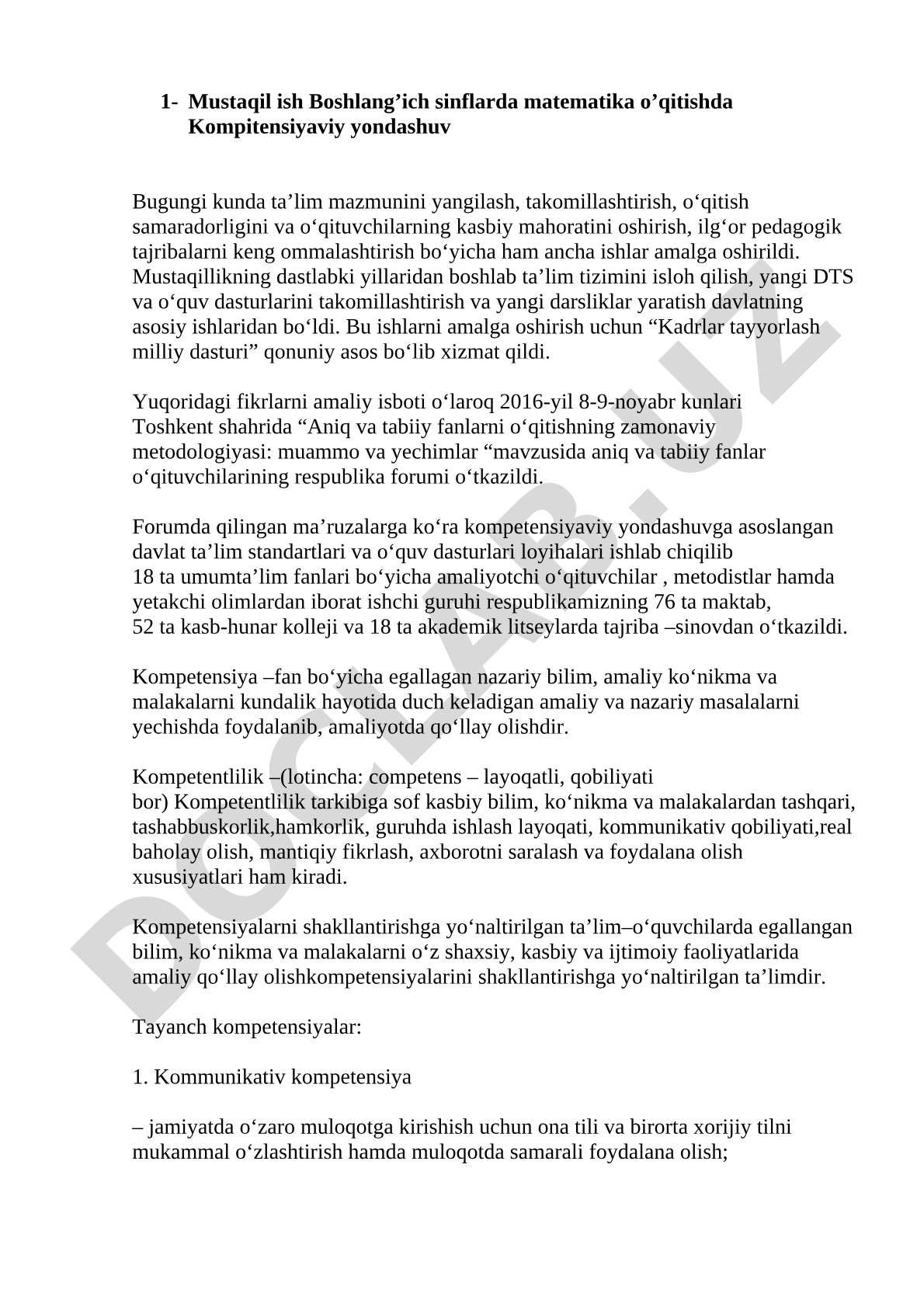 Boshlang'ich sinflarda matematika o'qitishda kompetensiyaviy yondashuv