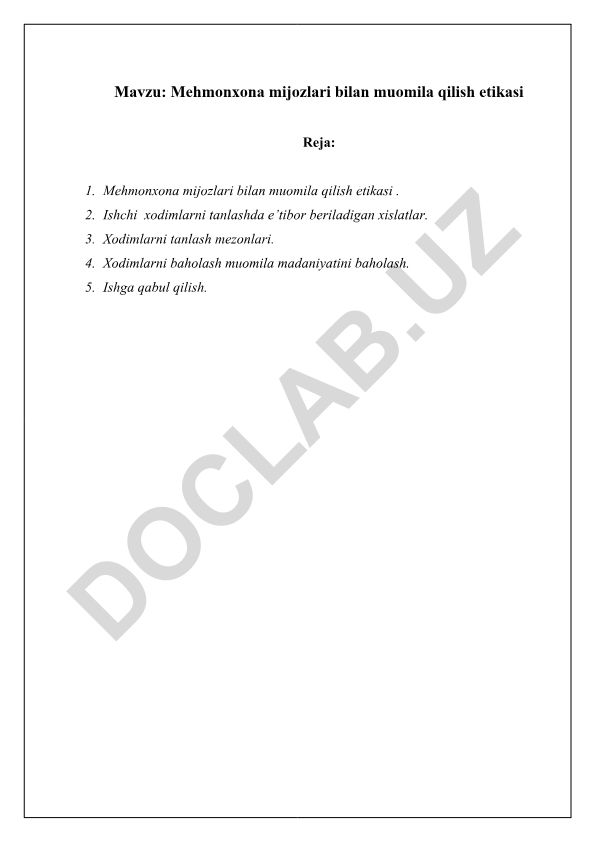 Mehmonxona mijozlari bilan muomila qilish etikasi