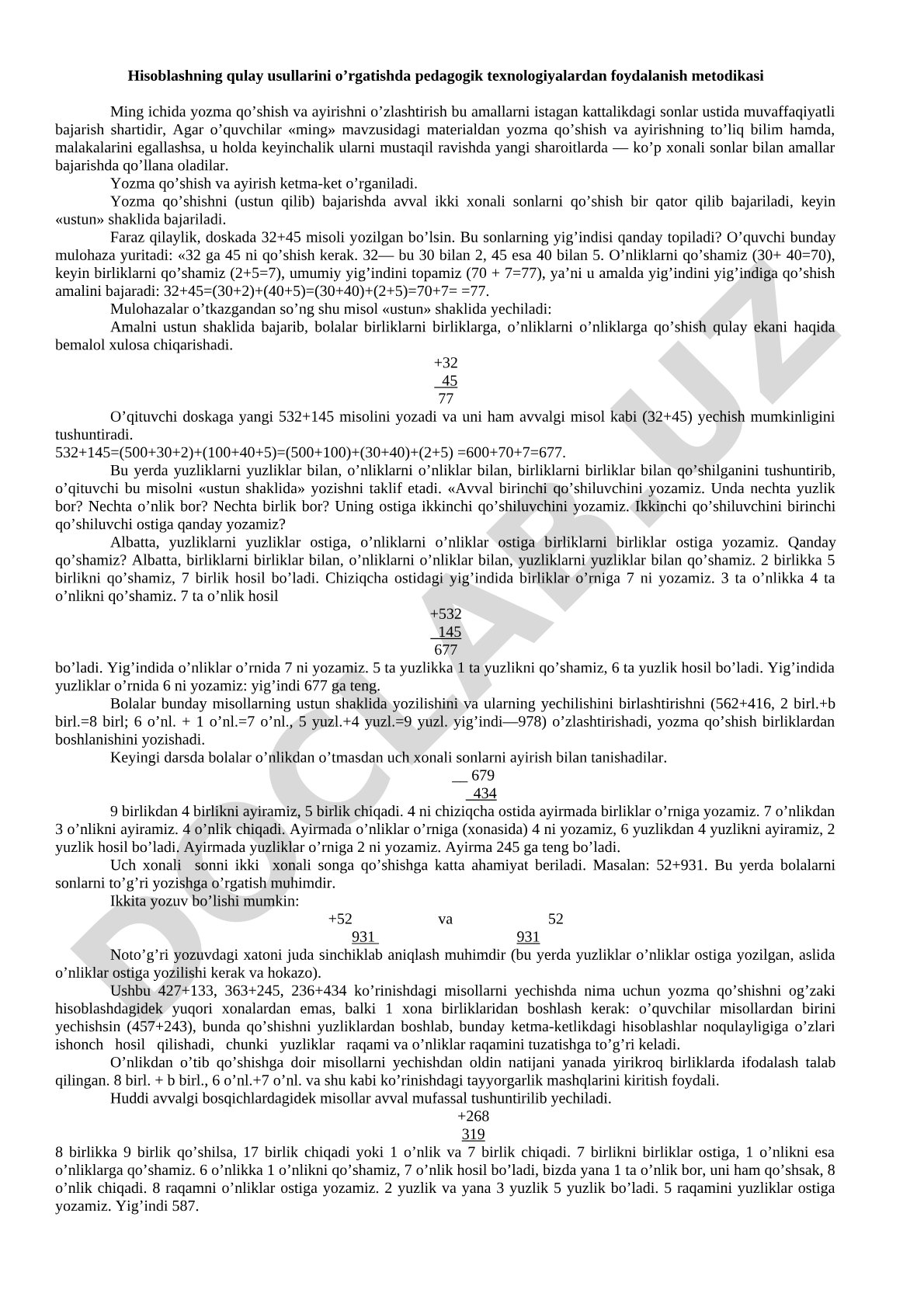 Ming ichida yozma qo'shish va ayirishni o'rgatish metodikasi