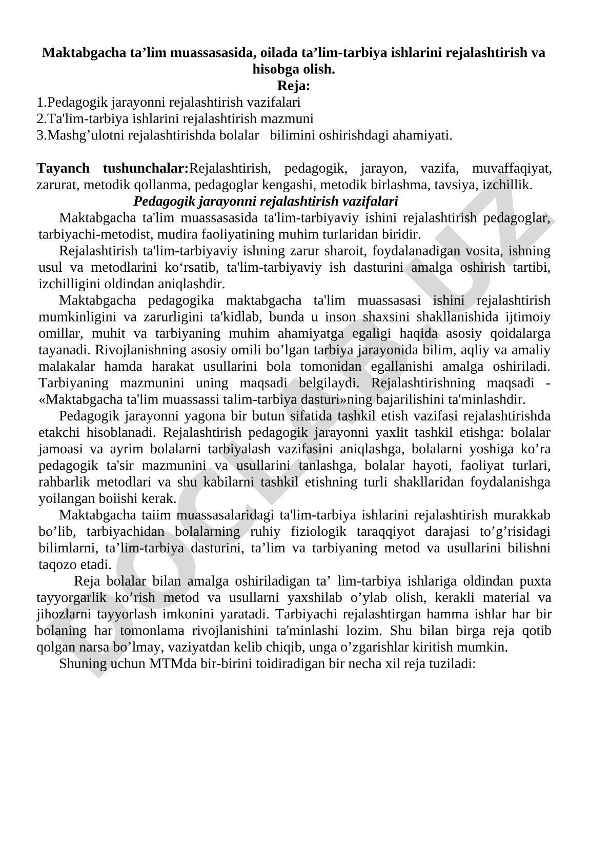 Maktabgacha ta'lim muassasasida ta'lim-tarbiya ishlarini rejalashtirish va hisobga olish