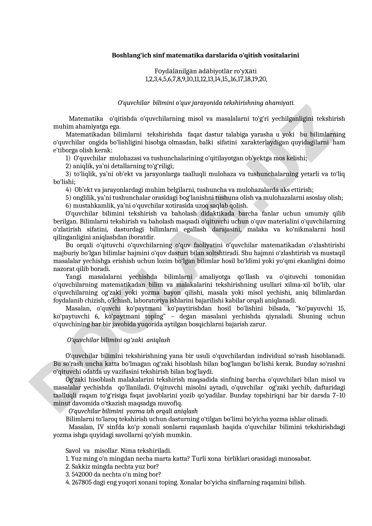Boshlang‘ich sinf matematika darslarida o‘qitish vositalari