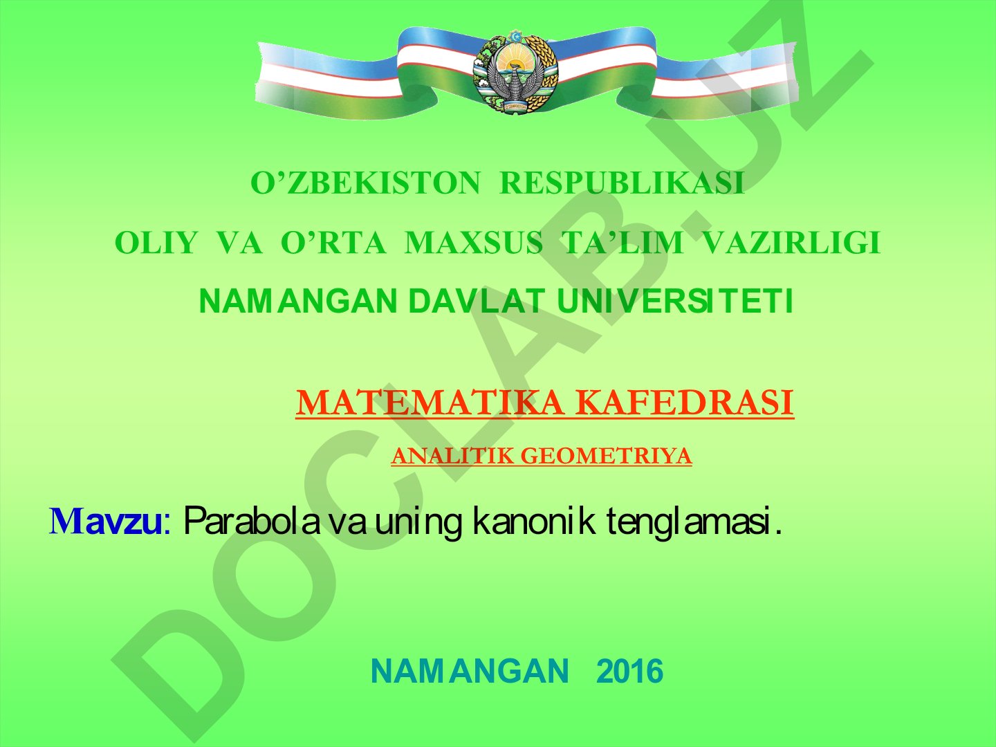 Parabola va uning kanonik tenglamasi