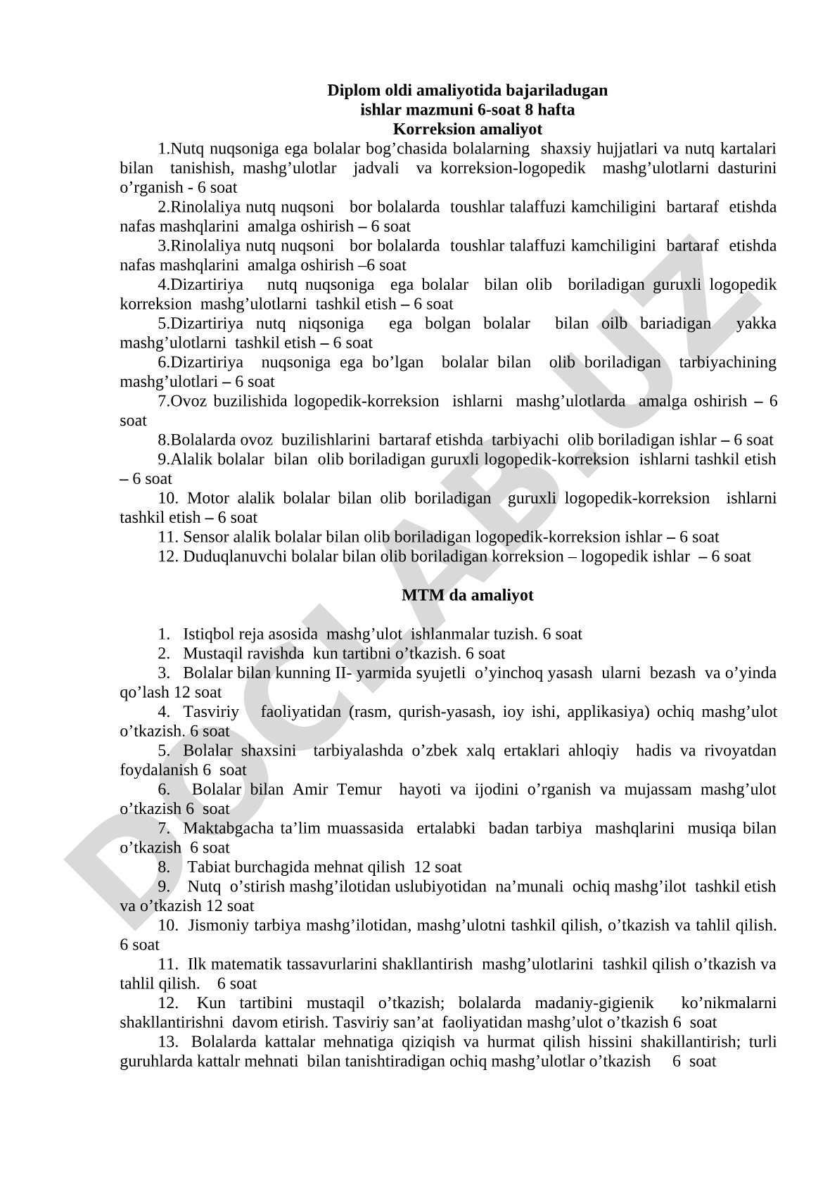 Diplom oldi amaliyotida bajariladigan ishlar mazmuni
